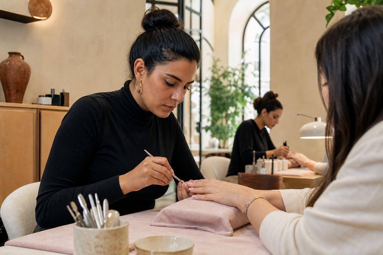 Professionnelle réalisant une manucure dans un salon partenaire